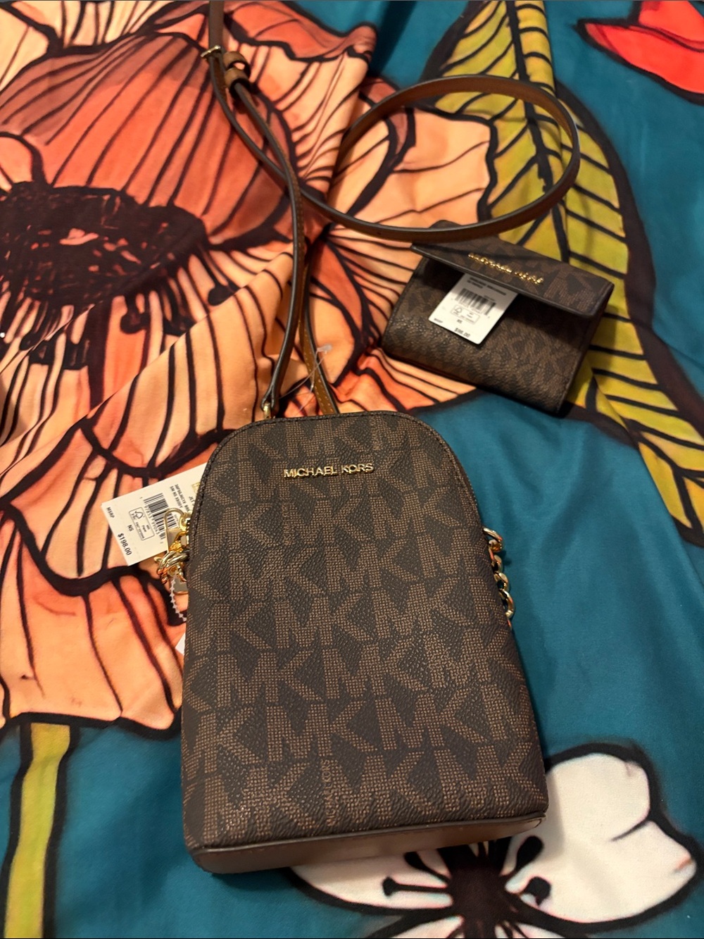 Michael Kors Brown MK Monogram Crossbody with Card Wallet